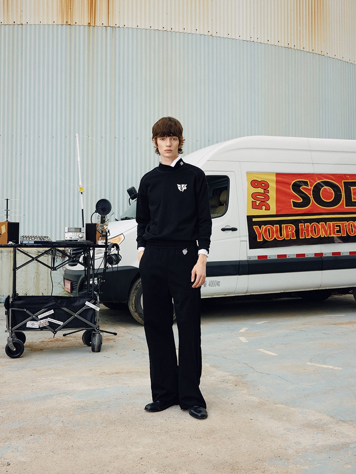 SOD Embroidered Mock Neck Top in Black - On Male Model