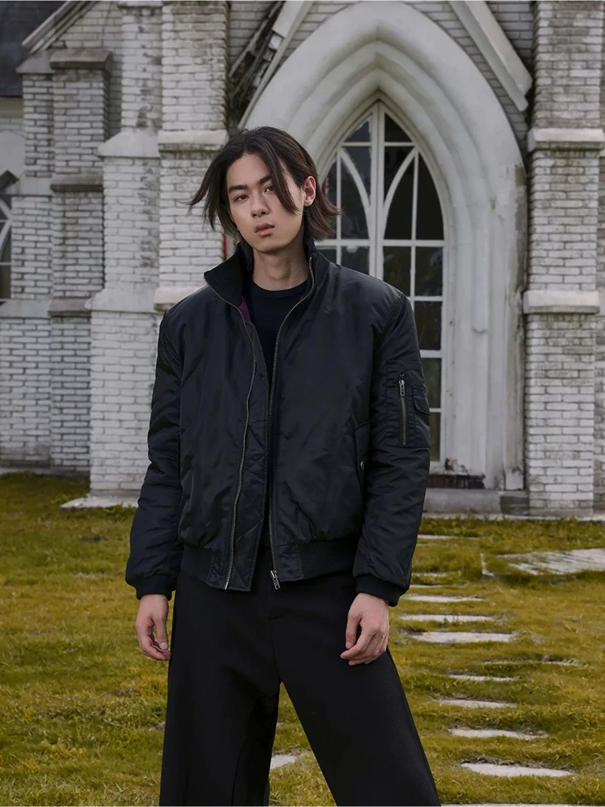 Y OFFICIAL High Neck Nylon Bomber Jacket in Black - On Male Model