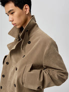 SIMPLE PROJECT Faux Suede Double Breasted Peacoat in Beige - On Male Model