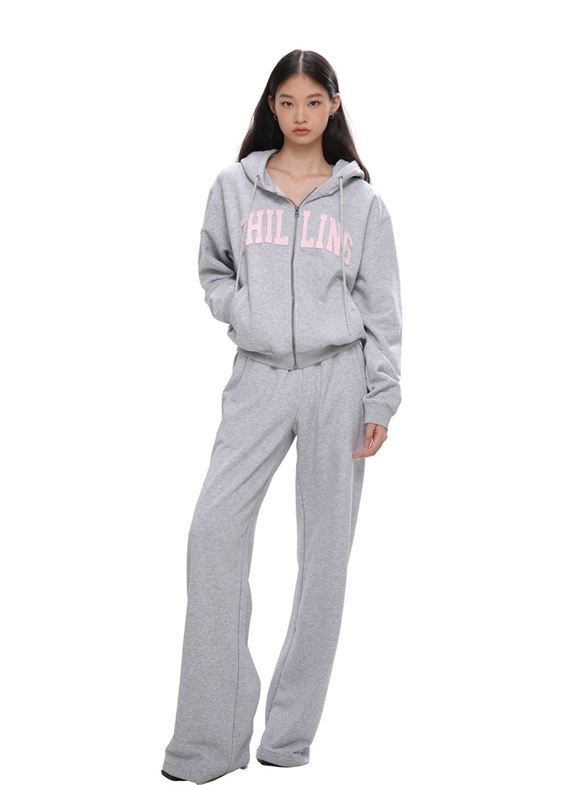 SweetChilling Applique Logo Zip Up Hoodie in Gray - On Female Model