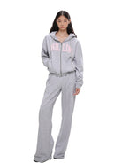 SweetChilling Applique Logo Zip Up Hoodie in Gray - On Female Model
