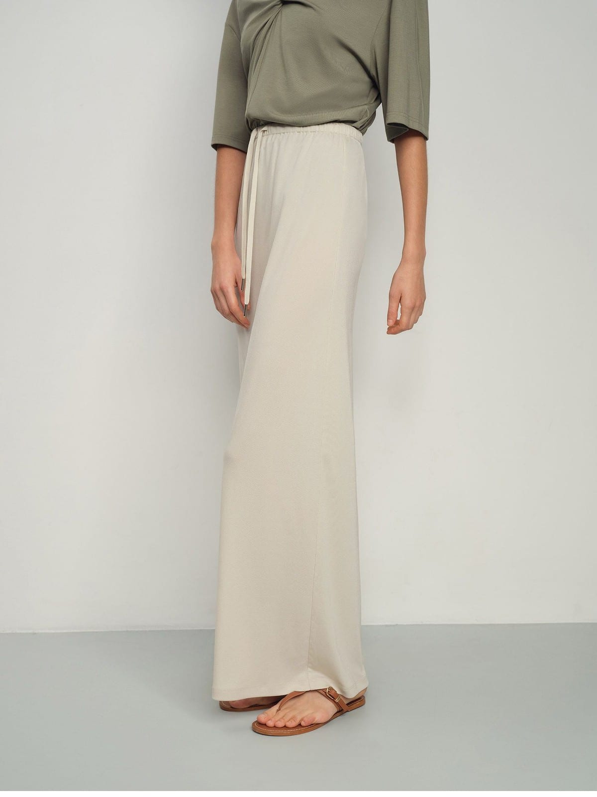 TEASEL Wide Leg Pull On Trousers in Cream - On Female Model