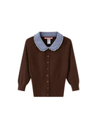 SweetChilling Gingham Collar Cropped Knit Cardigan in Brown