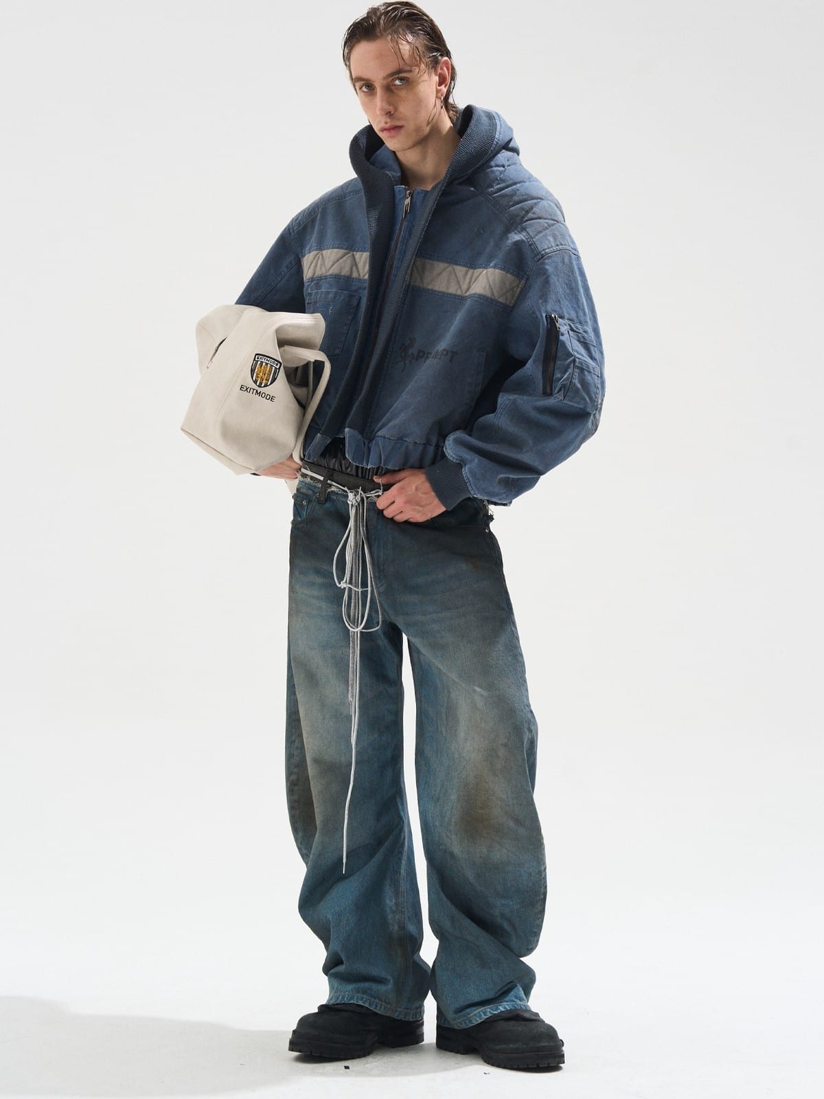 BLINDNOPLAN Distressed Hooded MA 1 Bomber Jacket in Blue - On Male Model