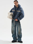 BLINDNOPLAN Distressed Hooded MA 1 Bomber Jacket in Blue - On Male Model