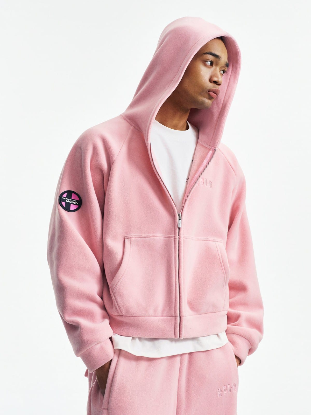 MEDM Fleece Zip Hoodie Drawstring Pants Set in Pink - On Male Model