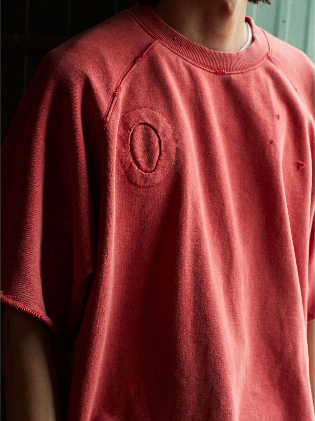 USAGE Vintage Wash Distressed Short Sleeve Sweatshirt in Red - On Male Model