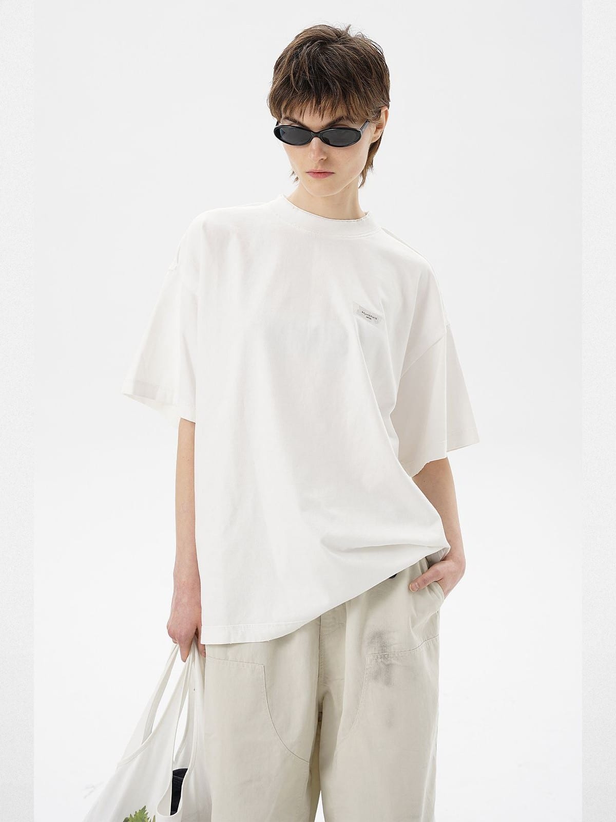 MASONPRINCE Exposed Seam Tape Print T Shirt in White - On Female Model