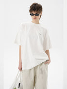 MASONPRINCE Exposed Seam Tape Print T Shirt in White - On Female Model