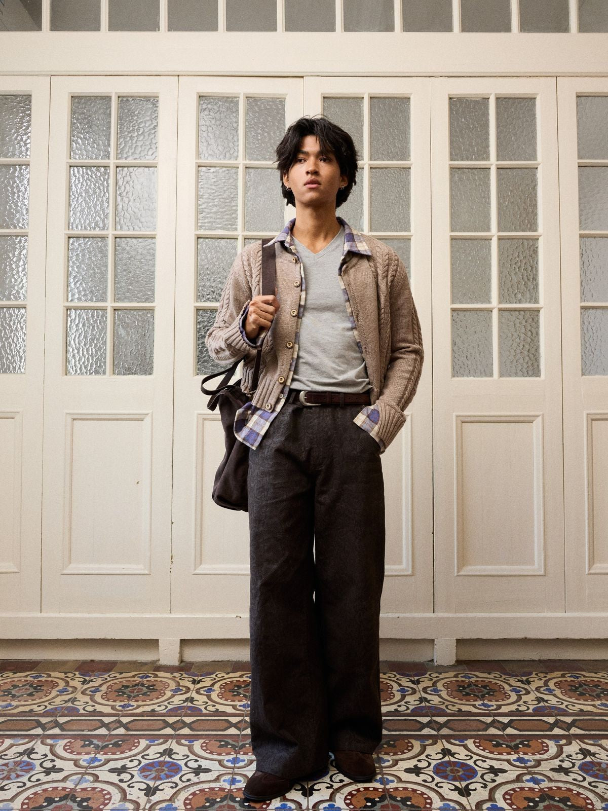 Retro 21 Wool Cable Knit Mock Layer Cardigan in Khaki - On Male Model