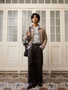 Retro 21 Wool Cable Knit Mock Layer Cardigan in Khaki - On Male Model
