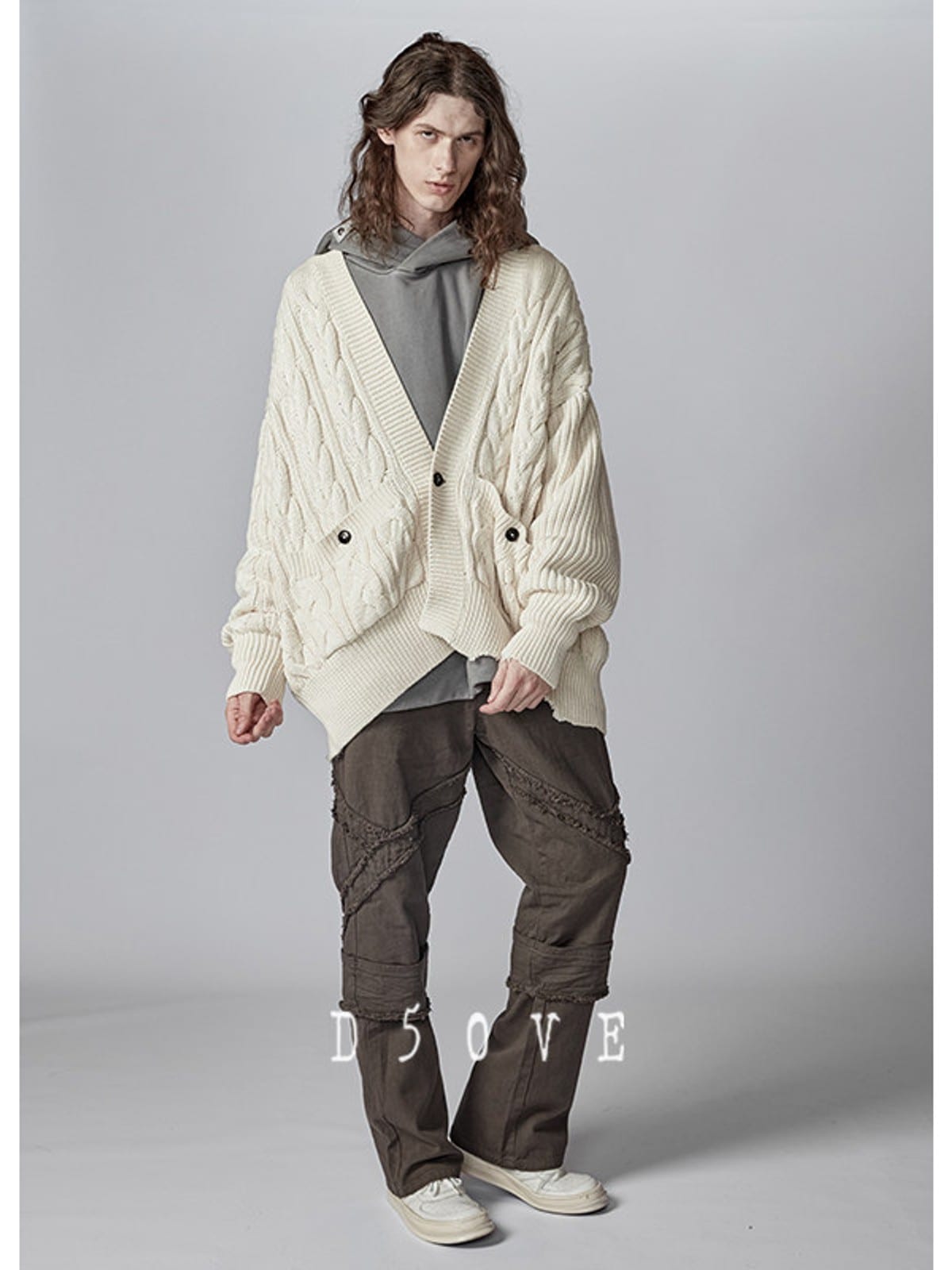 D5ove Distressed Cable Knit Noragi Cardigan in Cream - On Male Model