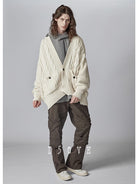 D5ove Distressed Cable Knit Noragi Cardigan in Cream - On Male Model