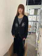 NeverSeez Mock Layer Argyle Knit Cardigan in Black - On Female Model