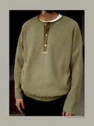 USAGE Heavyweight Waffle Knit Henley Sweatshirt in Olive - On Male Model