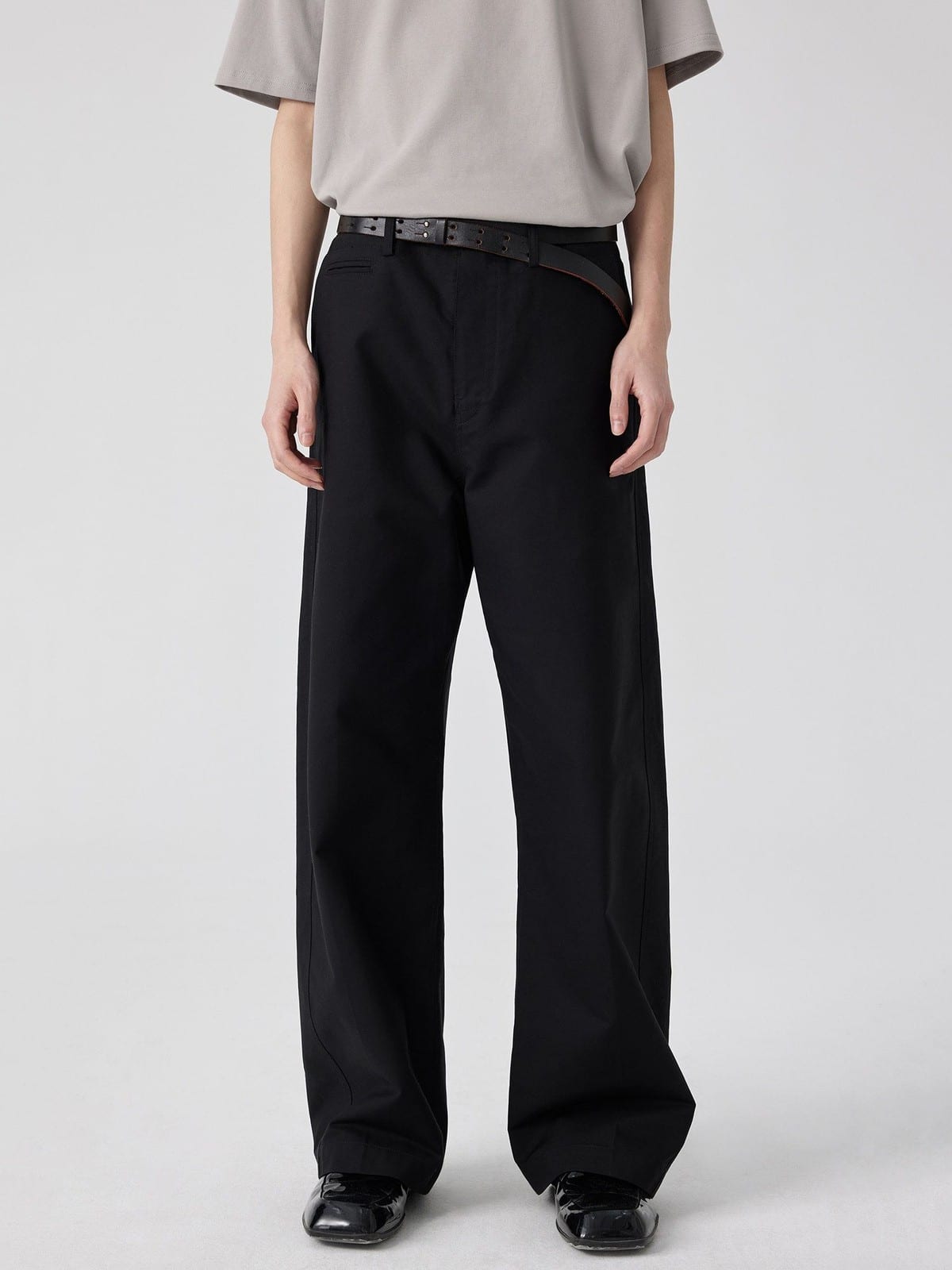 SIMPLE PROJECT Cotton Straight Leg Chino Trousers in Black - On Model