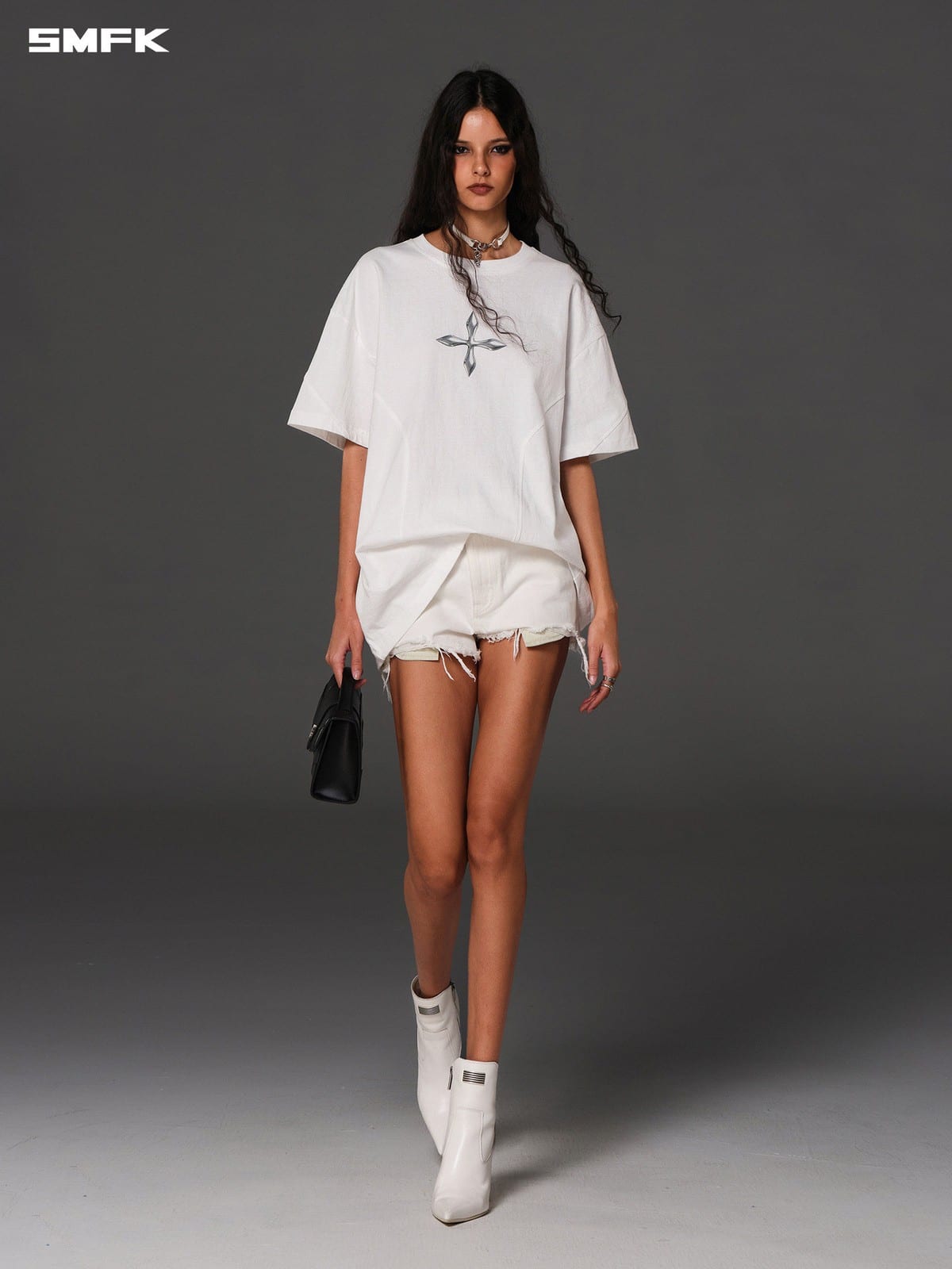 SMFK Oversized Cotton Graphic T Shirt in White - On Female Model