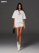 SMFK Oversized Cotton Graphic T Shirt in White - On Female Model