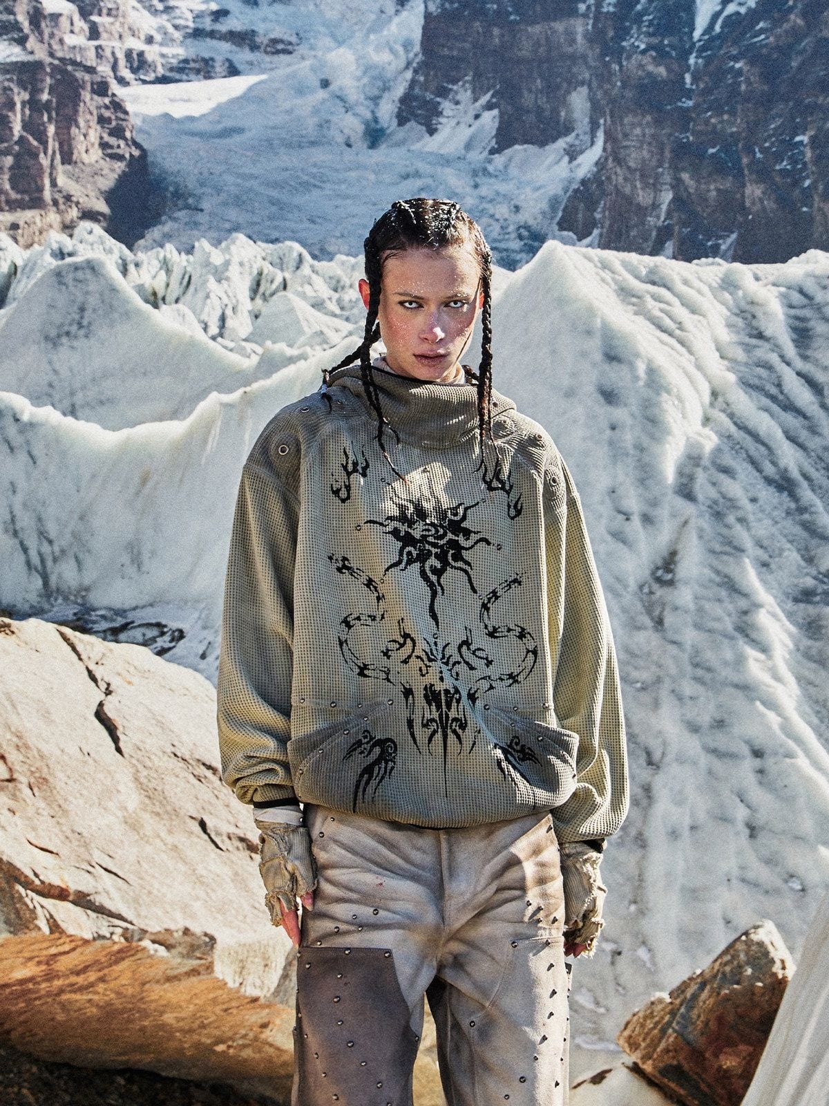 PERSONSOUL Garment Dyed Totem Waffle Hoodie in Beige - On Female Model