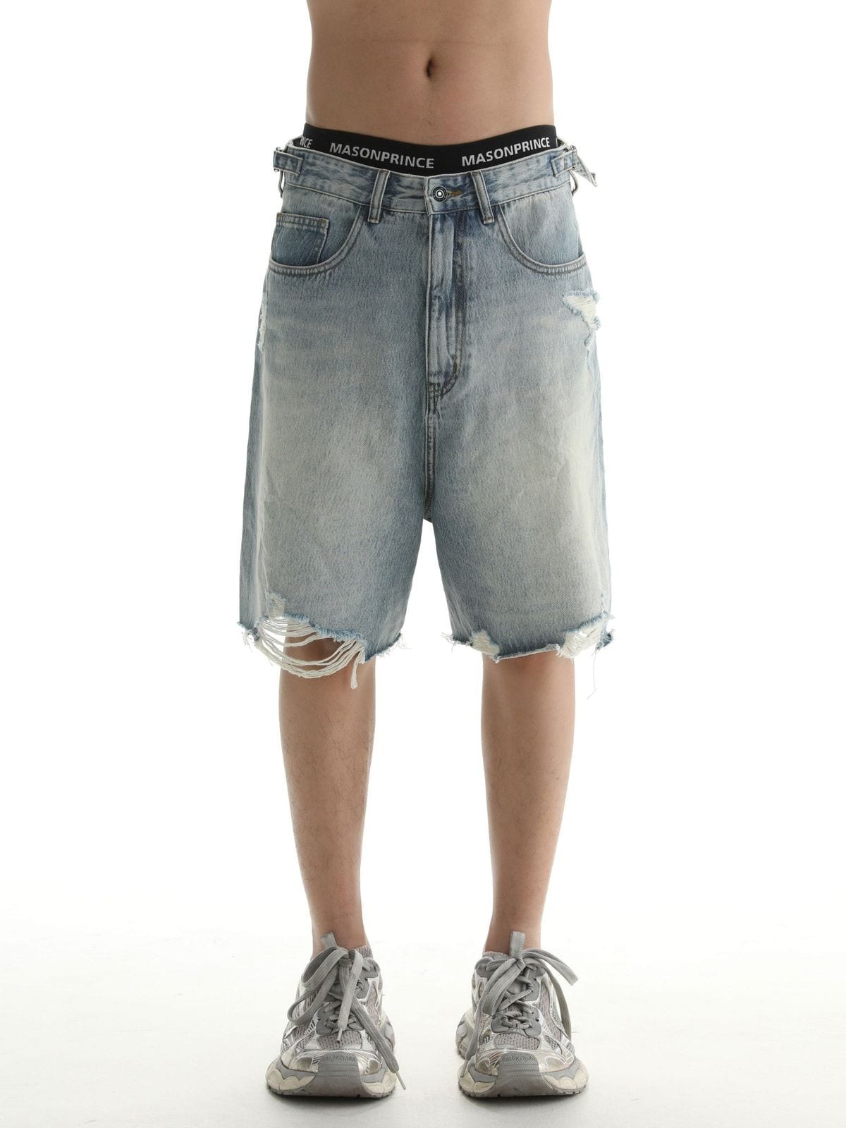 MASONPRINCE Light Wash Raw Hem Denim Shorts in Blue - On Male Model