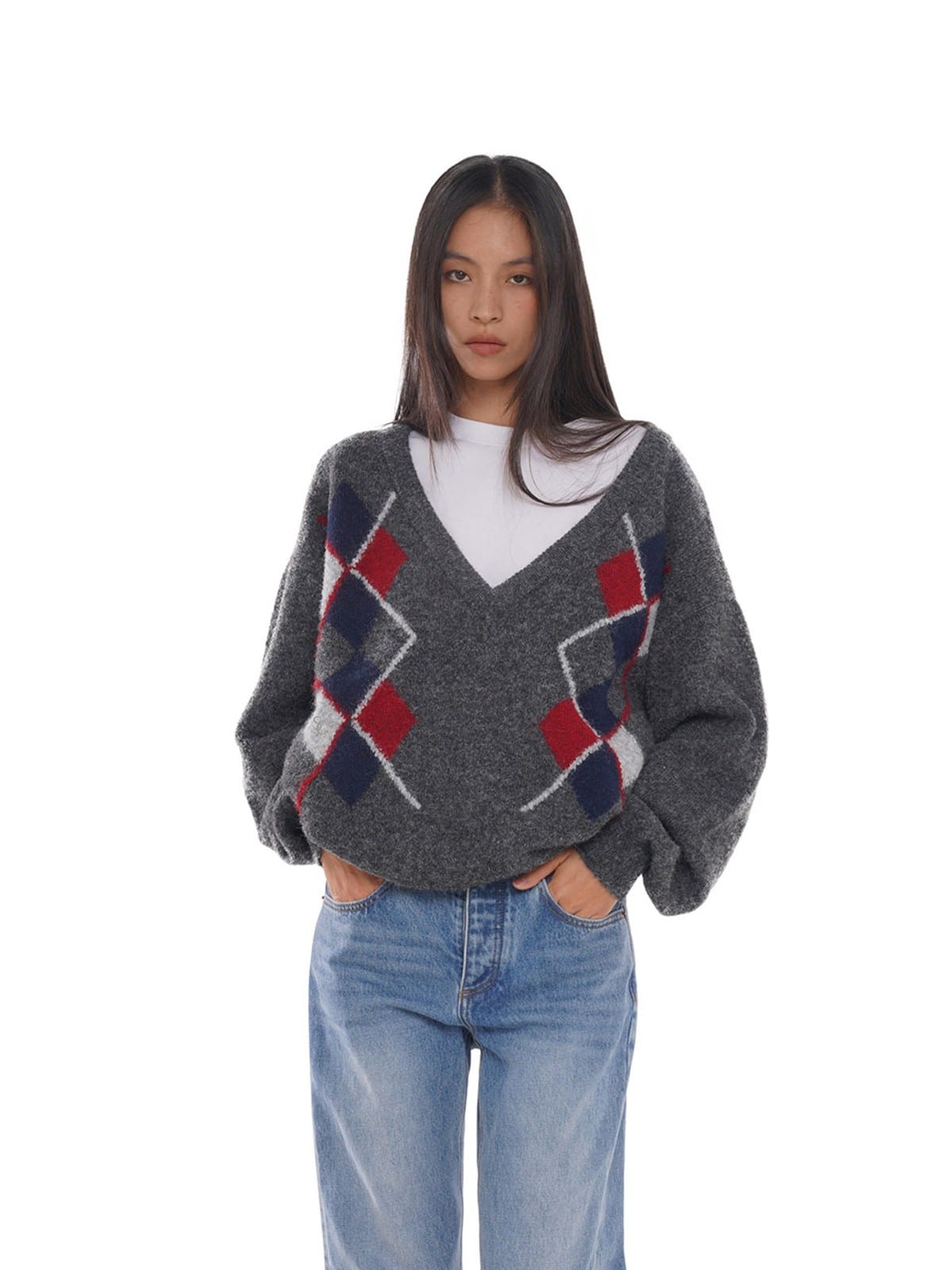 SweetChilling Argyle Jacquard V Neck Sweater in Gray - On Female Model
