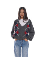 SweetChilling Argyle Jacquard V Neck Sweater in Gray - On Female Model
