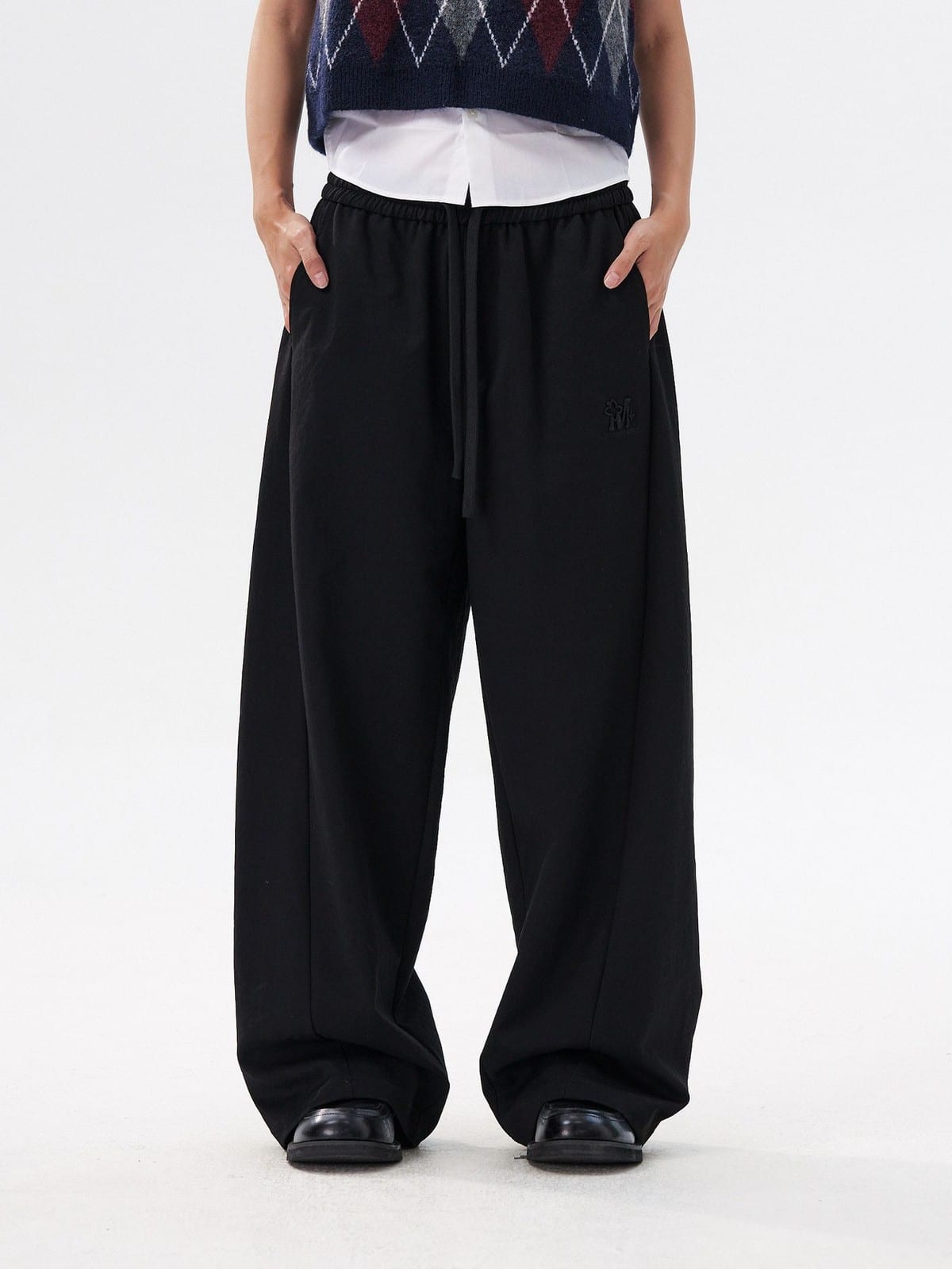 MEDM Spliced Drawstring Wide Leg Trousers in Black - On Model