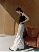 MSBEAST Textured Cotton Wide Leg Trousers in White - On Female Model