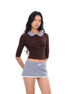 SweetChilling Gingham Lace Trim Mini Skirt in Navy Blue - On Female Model