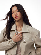 THELIGHT OFFICIAL Distressed Faux Leather Padded Bomber in White - On Female Model