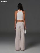 SMFK Vintage Wash Straight Leg Jeans in Light Gray - On Female Model