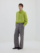 SIMPLE PROJECT Washed Lyocell Long Sleeve Shirt in Green - On Male Model