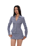 SweetChilling Gingham V Neck Button Up Shirt in Blue - On Female Model