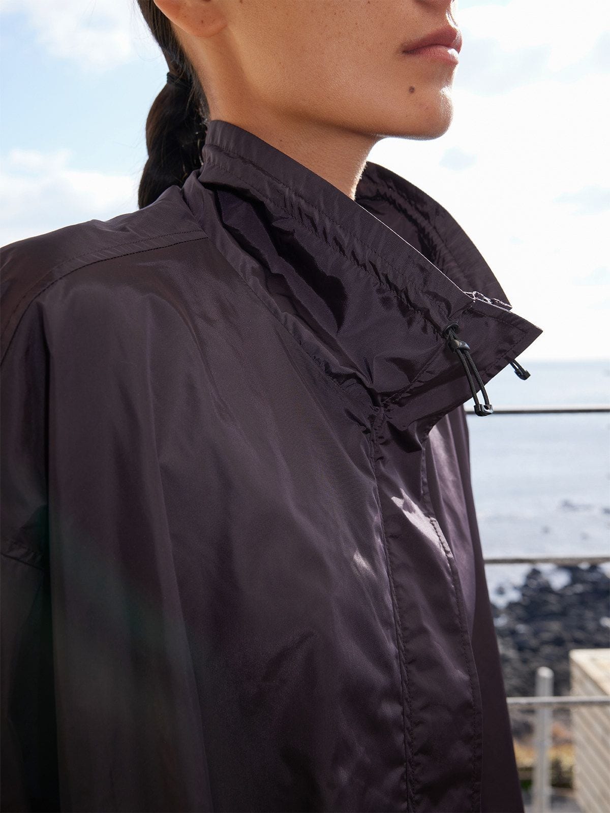 Random Piece Stand Collar Polyamide Windbreaker in Brown - On Female Model