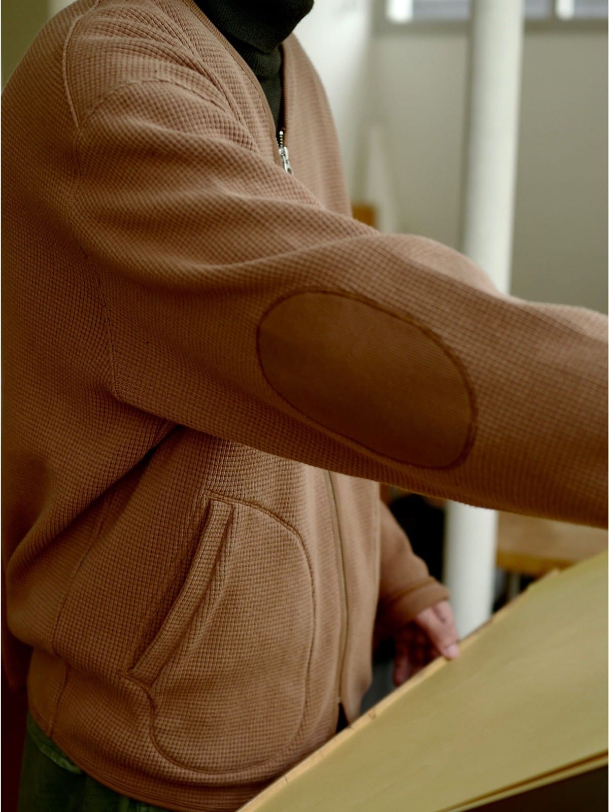 USAGE Heavyweight Waffle Knit Zip Cardigan in Beige - On Male Model