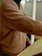 USAGE Heavyweight Waffle Knit Zip Cardigan in Beige - On Male Model