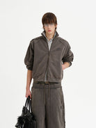 MASONPRINCE Faded Raw Edge Zip Sweatshirt in Olive - On Male Model