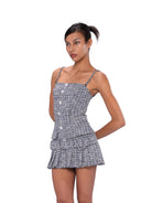 SweetChilling Tweed Effect Pleated Mini Dress in Navy Blue - On Female Model