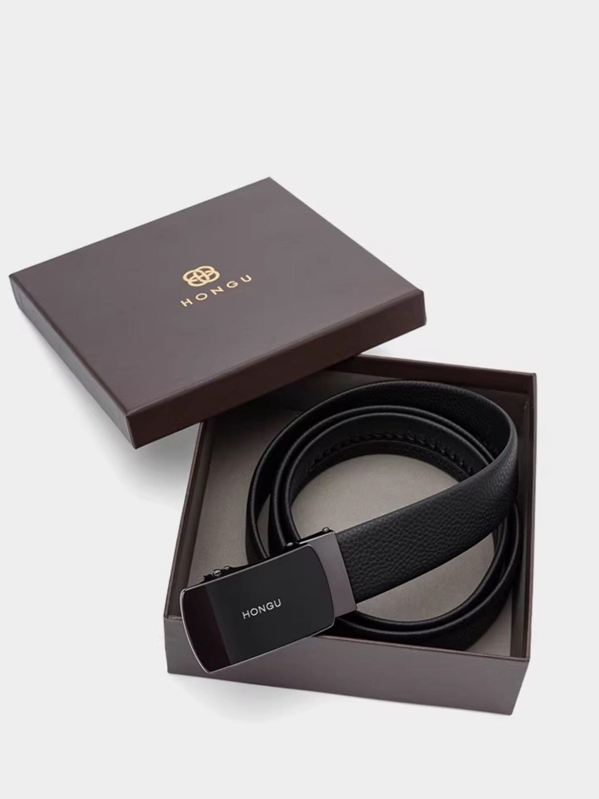 HONGU Cowhide Leather Automatic Buckle Belt in Black