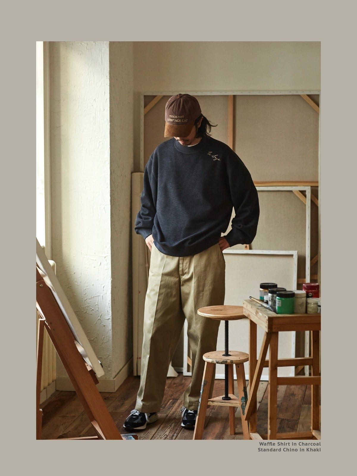USAGE Heavyweight Cotton Twill Chinos in Khaki - On Male Model