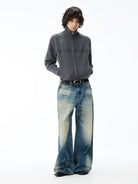 JCAESAR STUDIO Ribbed Jacquard Zip Up Sweater in Gray - On Male Model