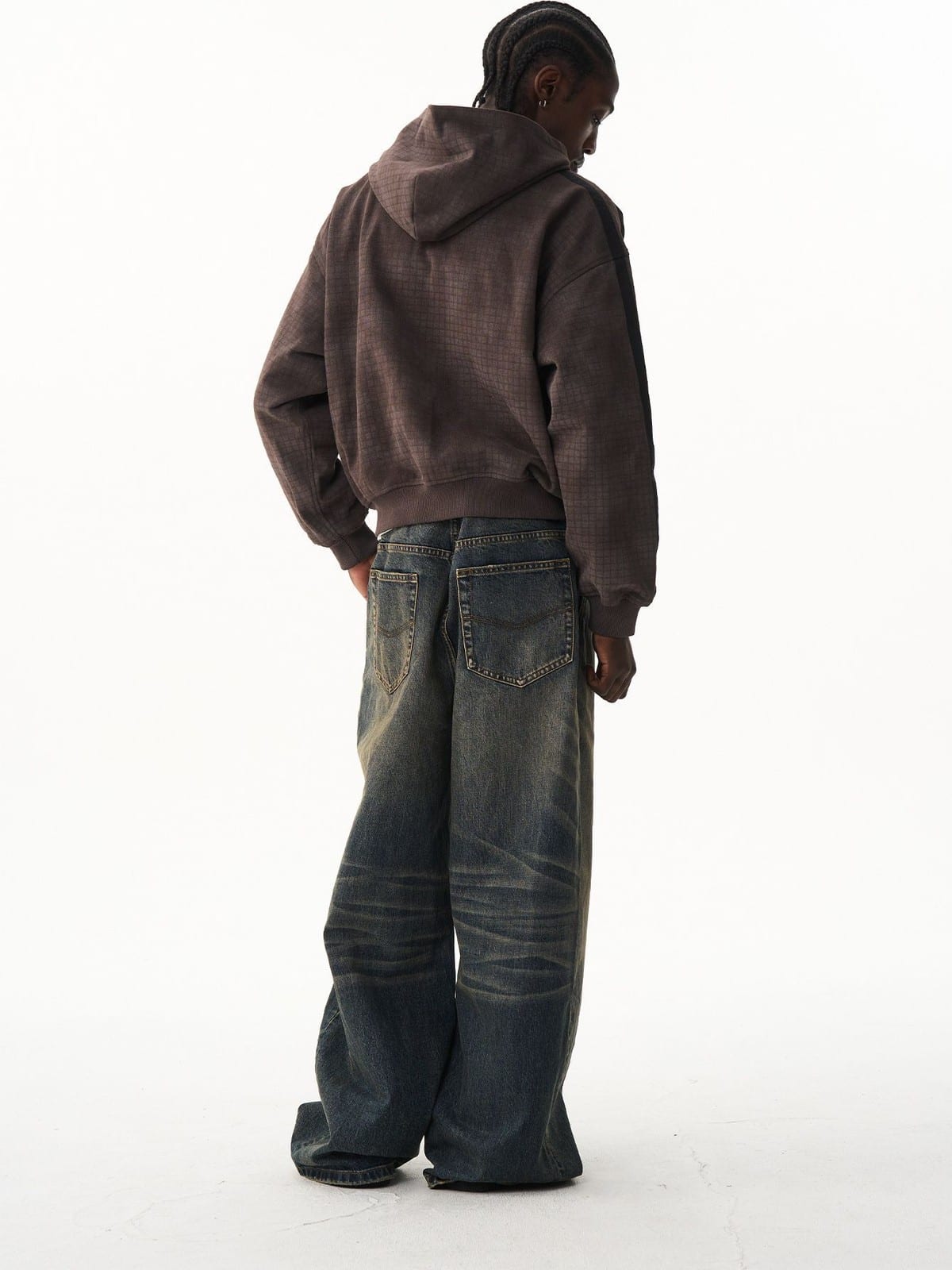 BLINDNOPLAN Distressed Embroidered Zip Up Hoodie in Brown - On Model