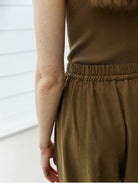 TEASEL Cotton Blend Drawstring Cropped Pants in Brown - On Female Model