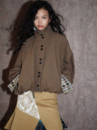 BADTASTE Reversible Plaid Cotton Jacket in Brown - On Female Model