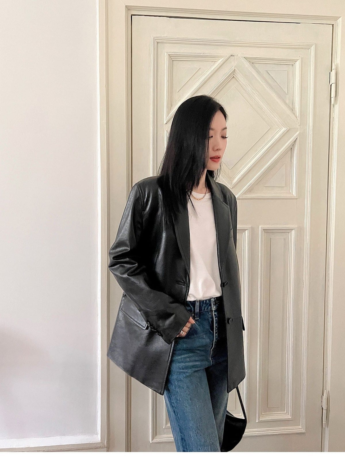 MSBEAST Vegetable Tanned Sheepskin Blazer in Black - On Female Model