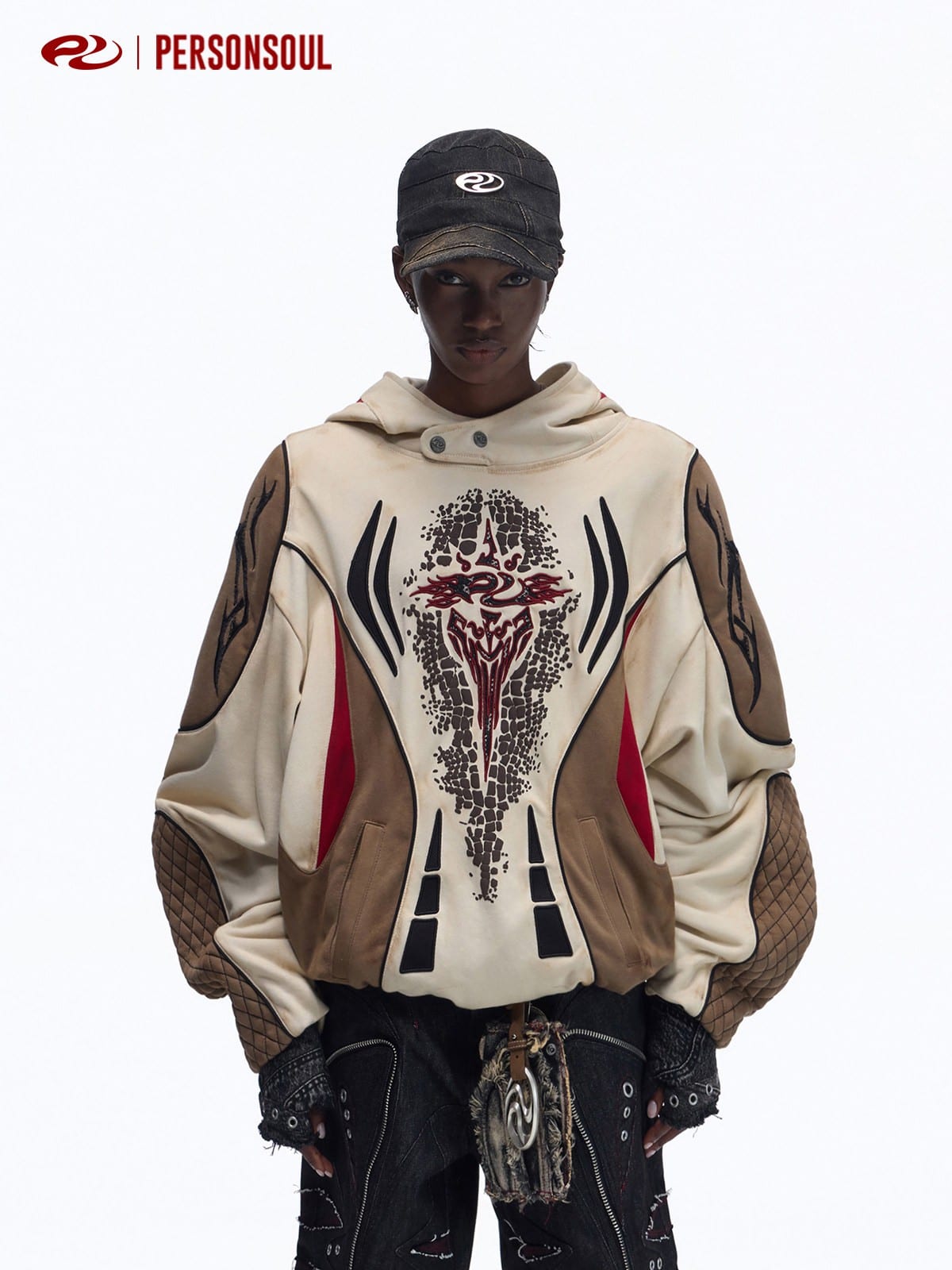 PERSONSOUL Colorblock Embroidered Racing Hoodie in Brown - On Female Model