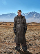 PERSONSOUL Distressed Calfskin Leather Trench Coat in Black - On Male Model