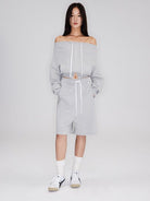 RARELY ALIKE Cotton Drawstring Sweat Shorts in Gray - On Female Model