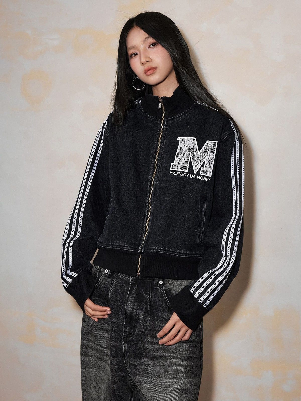 MEDM Lace Trim Stand Collar Denim Jacket in Black - On Female Model