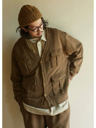 USAGE Cotton Safari Pocket Cardigan Sweatshirt in Beige - On Male Model
